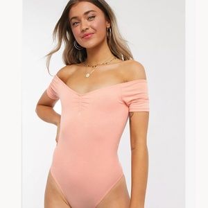 Miss Selfridge bardot ruched front bodysuit in beigey coral size 2